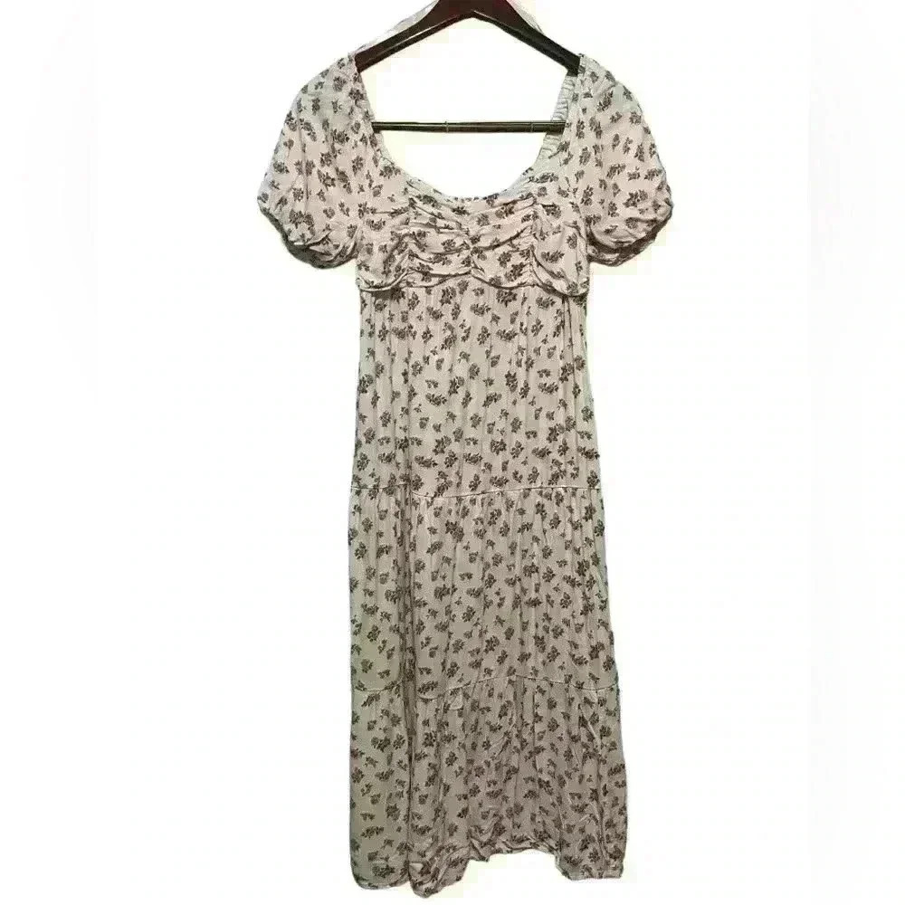 KIRIOUS Los Angeles midi dress cinched short sleeves M MEDIUM floral